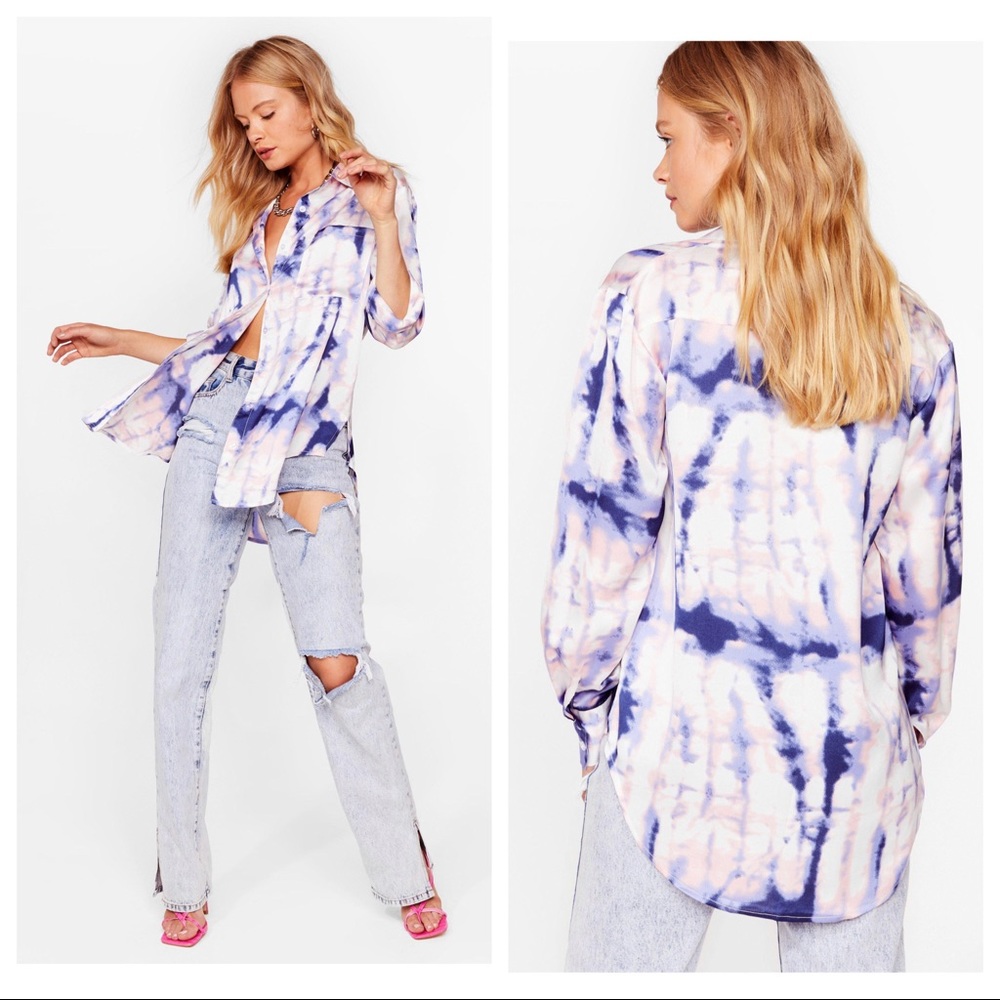 NASTY GAL Splash Out Tie Dye Relaxed Shirt blouse oversized high low button down